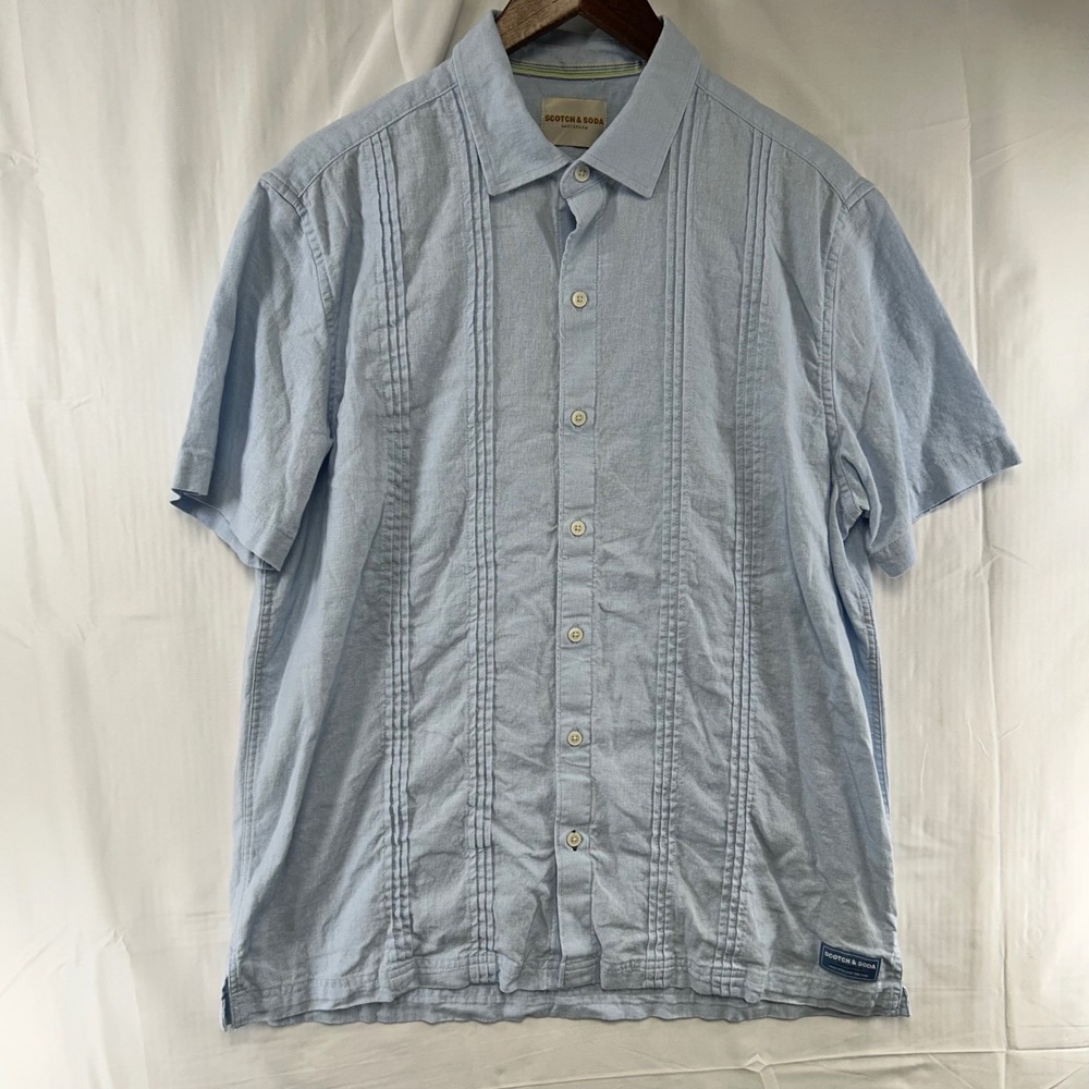 Scotch & Soda Button Down Shirt Mens Large Light Blue Pintuck Short Sleeve